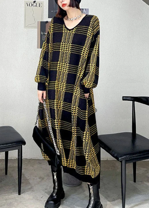 Italian Yellow Plaid V Neck Fall Knit Dress