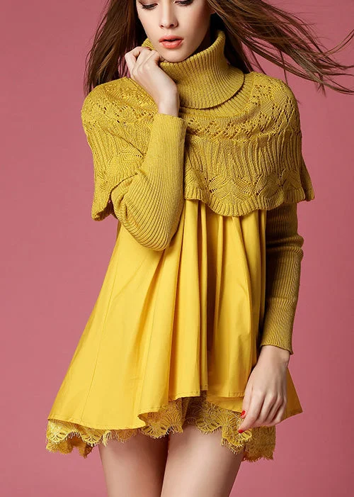 Modern Yellow Turtleneck Knit Patchwork A Line Winter Sweater dress