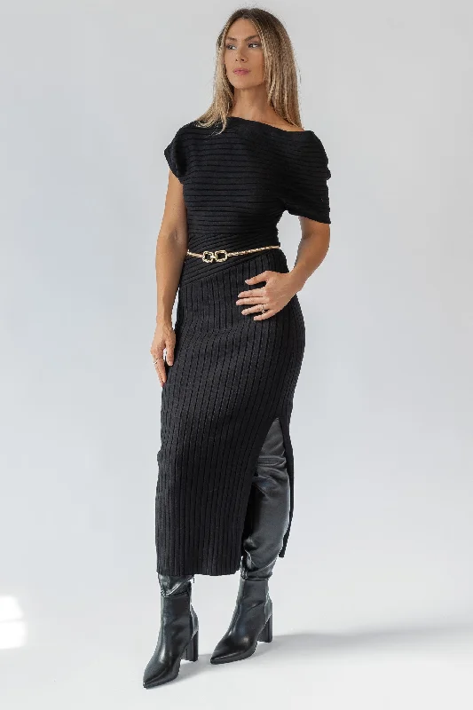 Nori Black Off Shoulder Midi Dress