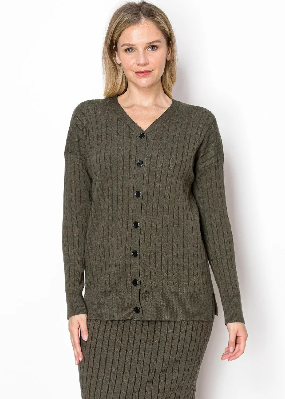 Olive Cable Knit Button-Down Cardigan