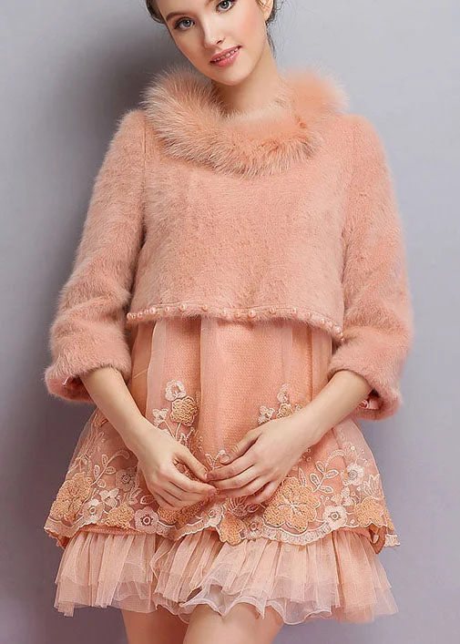 Organic Pink Embroideried Nail bead fashion Winter sweaters Dress