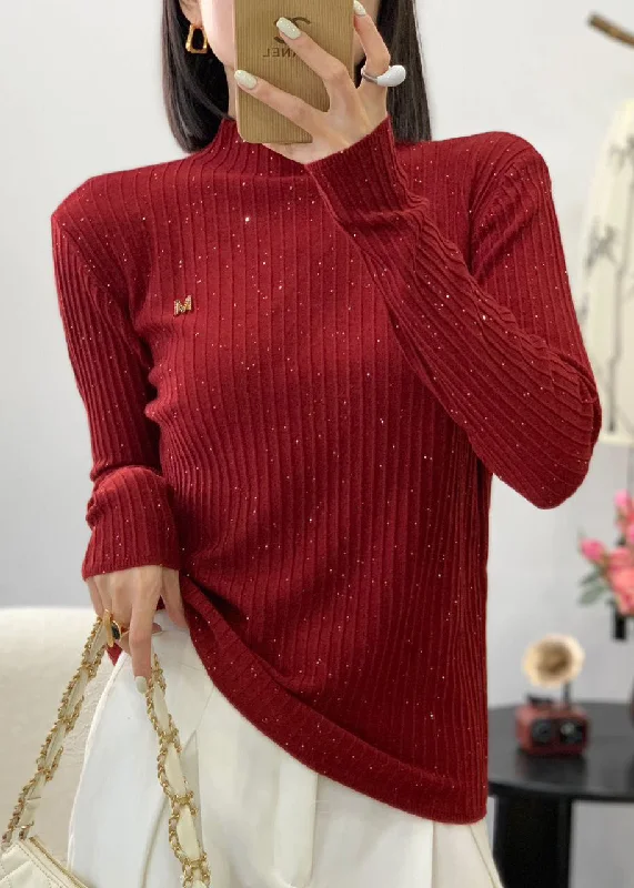 Stylish Red O Neck Sequins Wool Knit Sweater Fall