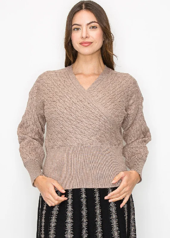 Taupe Cable-Knit Wrap Sweater