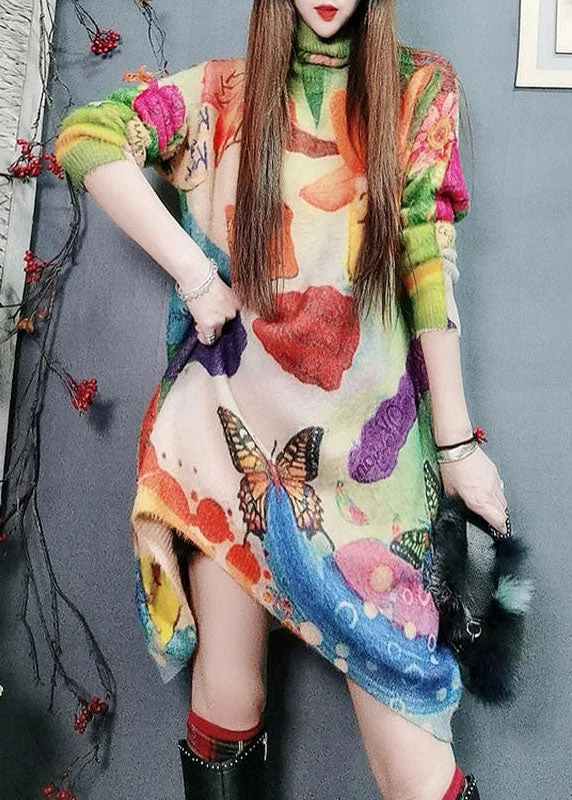 Unique asymmetrical design Print Knit dress Sweater Winter