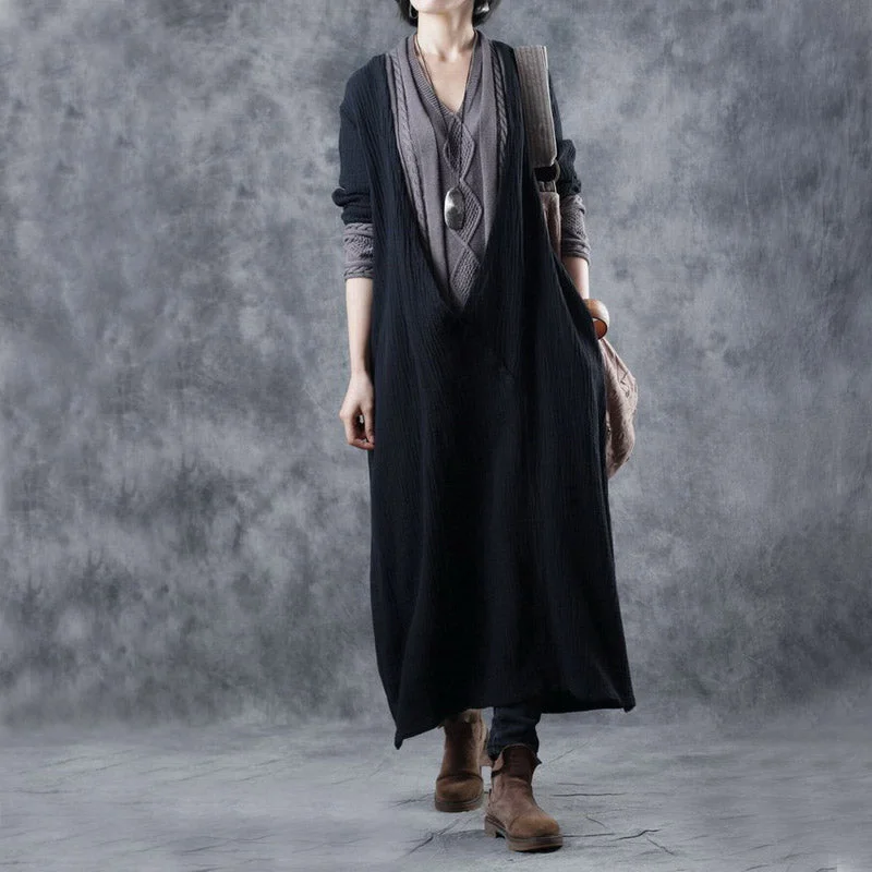 Women Black Grey V Neck Pockets Patchwork Fall Knit Long Sleeve Dress