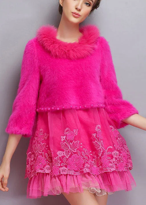 Women Rose O-Neck Tulle Patchwork Winter Long sweaters Dress