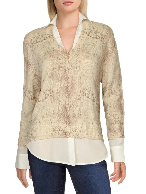 Womens Cashmere Blend Animal Print V-Neck Sweater