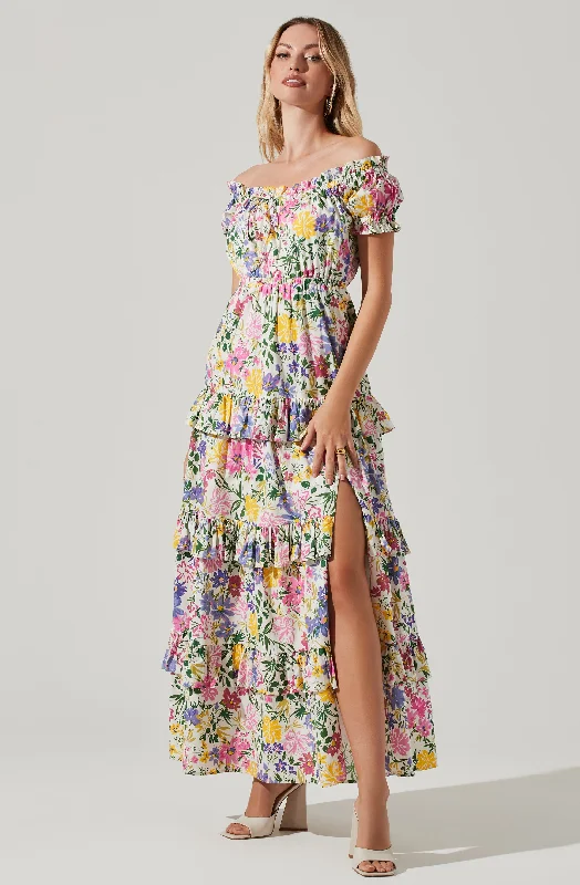 Viona Floral Off Shoulder Tiered Maxi Dress