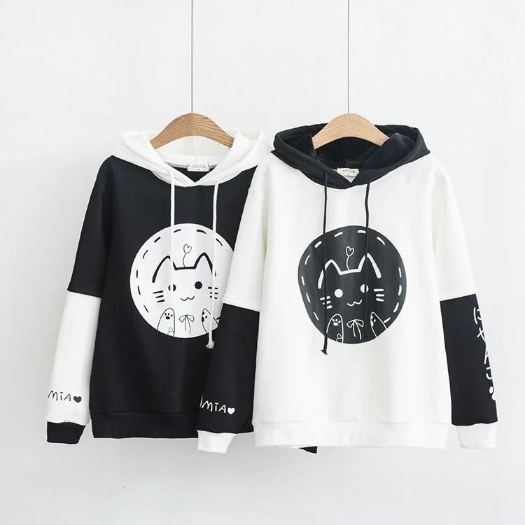 Whisker Wonderland: Harajuku Cartoon Kitty Ribbon Heart Hoodie - Embrace Cuteness in Every Stitch! ??