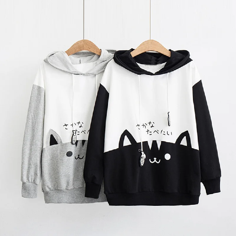 Whiskers and Fins: Harajuku Japanese Style Cat Fish Drawstring Hoodie - Dive into Cute Comfort! ??