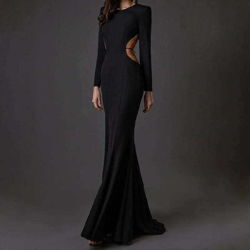 KittenAlarm - Eliza Long Sleeve Round Neck Backless Maxi Dress