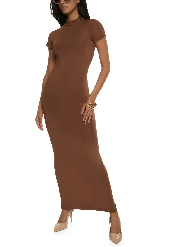 Solid Short Sleeve Mock Neck Maxi Dress