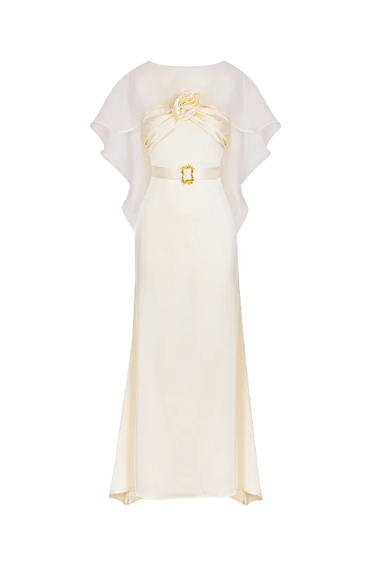 Pearly A-line Boat Neck Silk Ankle Length Dress