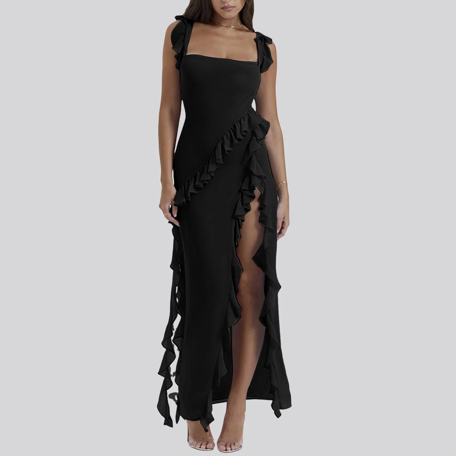 FashionSierra - Ruffles Chiffon Maxi Dress For Women 2024 Backless Split Sexy Black Long Wedding Party Elegant Luxury Chic Female