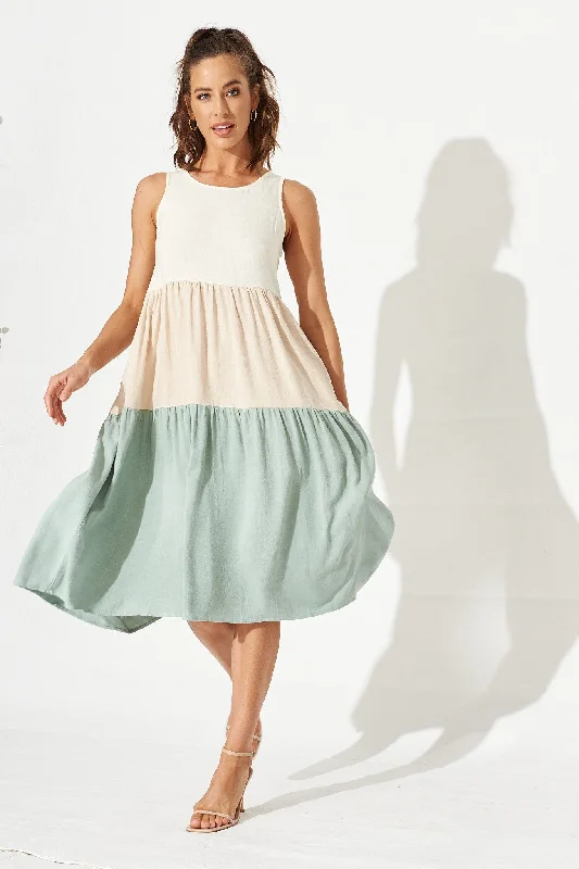 Cecily Midi Dress In Dusty Teal Colourblock Linen