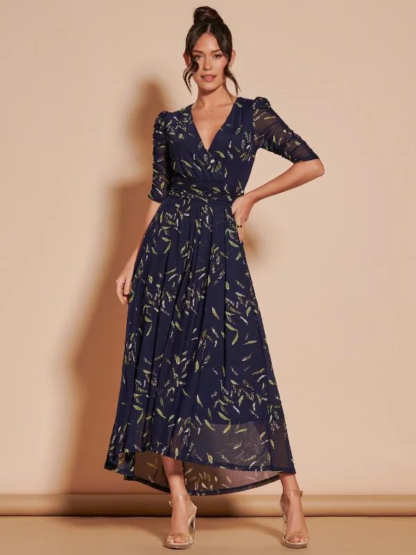 Dasha Ruched Sleeved Mesh Maxi Dress, Navy Leafy