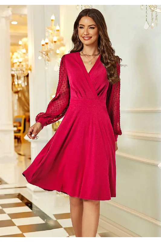 FS Collection Long Chiffon Sleeve Pleated Midi Dress In Wine