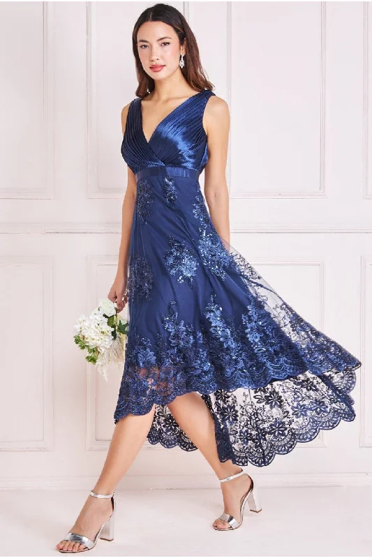 Goddiva Pleated Satin V Neck High And Low Midi - Navy