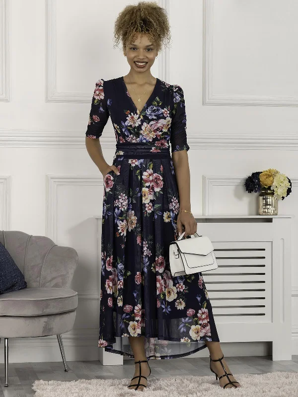 Haizley Floral Print Mesh Maxi Dress, Navy