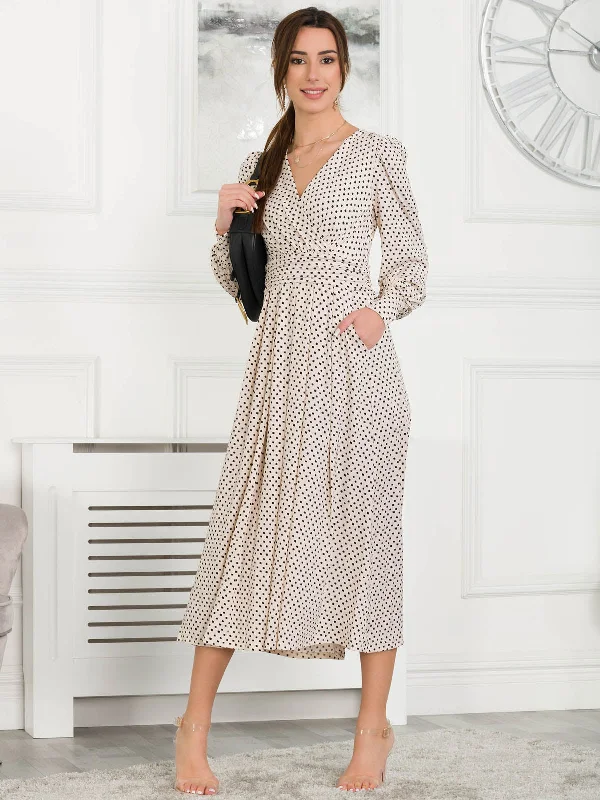 Jolie Moi Allyn Long Sleeved Maxi Dress, Cream Polka Dot