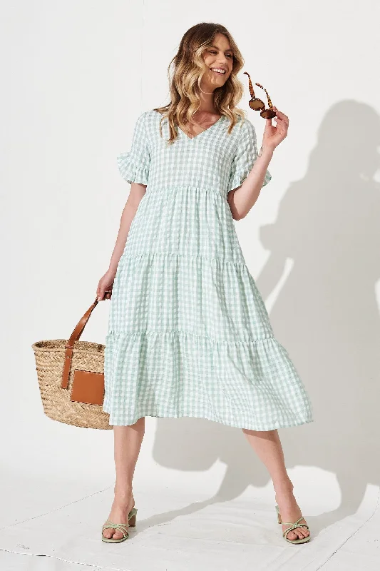 Kristen Midi Smock Dress In Mint Gingham