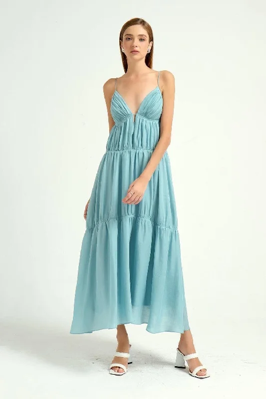 Olsan Gathered Sweetheart Neck Cotton Silk Midi Dress