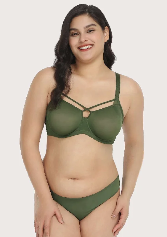 Bralettes for a trendy and comfortable alternative Billie Cross Front Strap Dark Green Smooth Sheer Mesh Underwire Bra Set Bralettes for a trendy and comfortable alternative Billie Cross Front Strap Dark Green Smooth Sheer Mesh Underwire Bra Set
