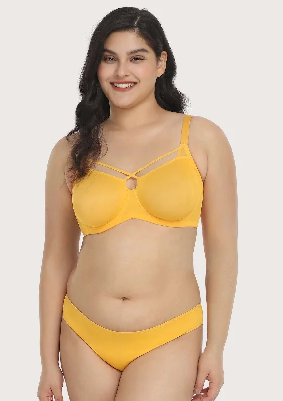 Bra with side - support panels to prevent spillage Billie Cross Front Strap Yellow Smooth Sheer Mesh Underwire Bra Set Bra with side - support panels to prevent spillage Billie Cross Front Strap Yellow Smooth Sheer Mesh Underwire Bra Set