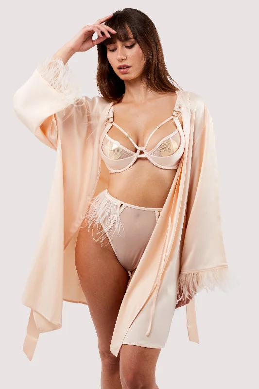 Bra with a textured fabric for added visual interest Cassiopeia Blush Pink Satin And Feather Kimono Bra with a textured fabric for added visual interest Cassiopeia Blush Pink Satin And Feather Kimono