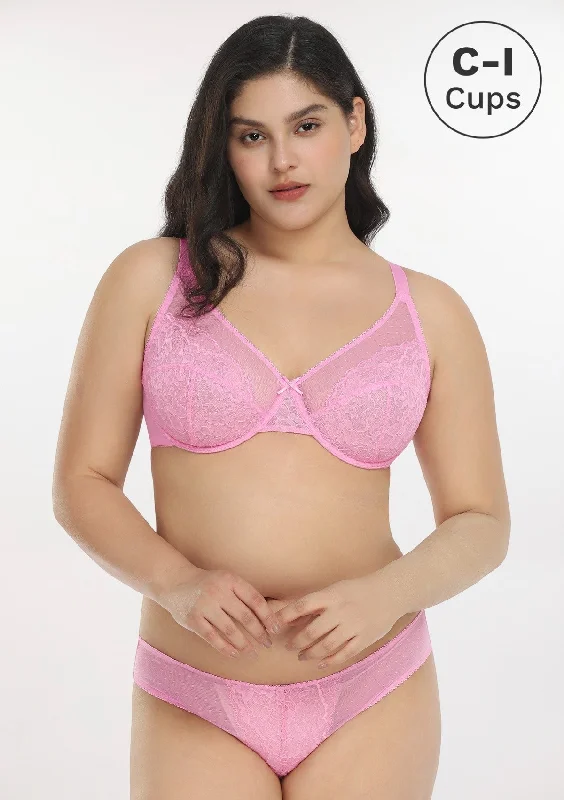 Bra with side - support panels to prevent spillage Enchante Pink Lace Unlined Underwire Bra Set Bra with side - support panels to prevent spillage Enchante Pink Lace Unlined Underwire Bra Set