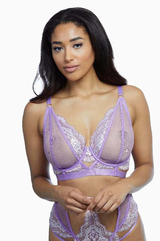 Bra with a single - strap design for a unique and modern style Fenella Lace and Net Longline Bra Fuller Bust Bra with a single - strap design for a unique and modern style Fenella Lace and Net Longline Bra Fuller Bust