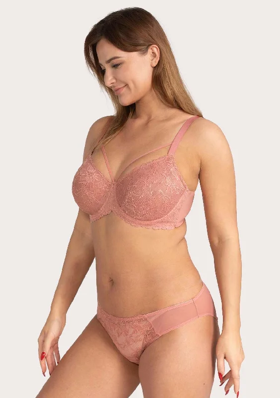 Bra with a plus - size adjustable strap for added comfort Pretty In Petals Light Coral Unlined Strappy Lace Bra Set Bra with a plus - size adjustable strap for added comfort Pretty In Petals Light Coral Unlined Strappy Lace Bra Set