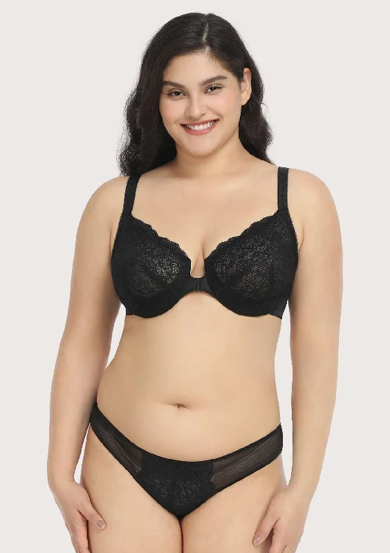 Cotton bras known for breathability and softness​ Nymphaea Front-Close Black Retro Floral Lace Unlined Bra Set