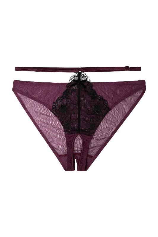 Bra with a textured fabric for added visual interest Muriel Purple Crotchless Brazillian Brief Bra with a textured fabric for added visual interest Muriel Purple Crotchless Brazillian Brief