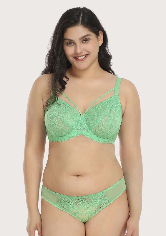 Bra with a plus - size padded strap for reduced shoulder strain Pretty In Petals Bright Green Unlined Strappy Lace Bra Set Bra with a plus - size padded strap for reduced shoulder strain Pretty In Petals Bright Green Unlined Strappy Lace Bra Set