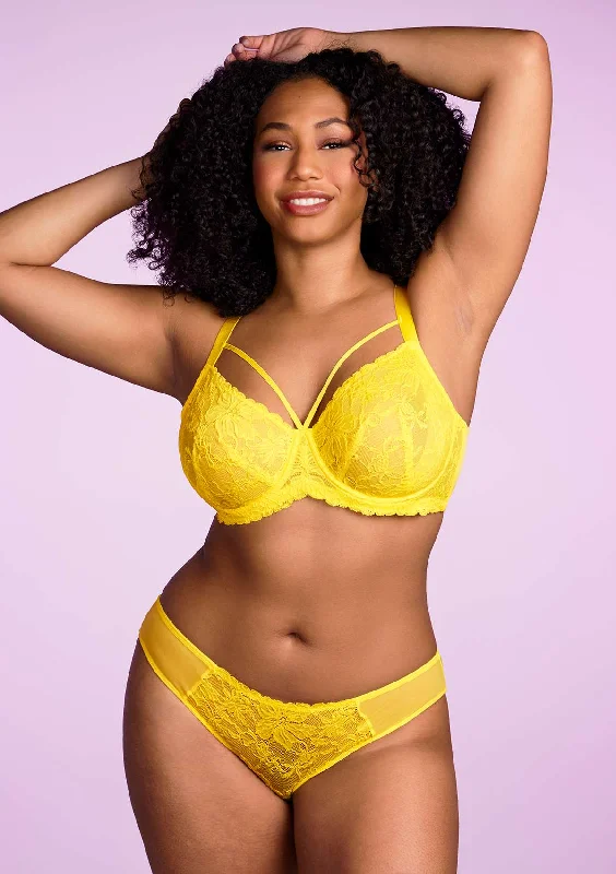 Bra with a cross - back strap design for a trendy look Pretty In Petals Bright Yellow Unlined Strappy Lace Bra Set Bra with a cross - back strap design for a trendy look Pretty In Petals Bright Yellow Unlined Strappy Lace Bra Set