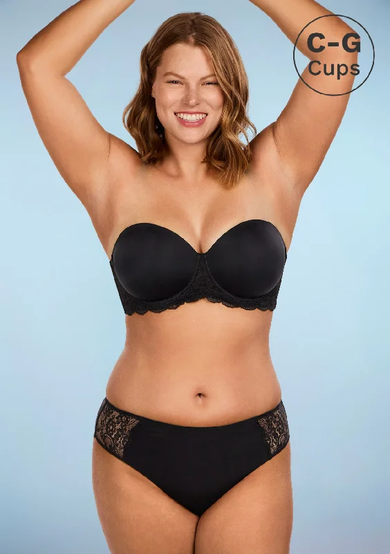 Bra with a plus - size long - line design for a slimming effect Rebecca Lace Trim Black Lightly Padded Strapless Bra Set Bra with a plus - size long - line design for a slimming effect Rebecca Lace Trim Black Lightly Padded Strapless Bra Set