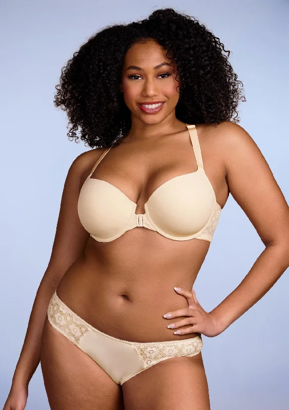 Bra with a quick - drying lining for convenience Serena Front-Close Champagne Lace-Back Racerback Underwire Bra Set Bra with a quick - drying lining for convenience Serena Front-Close Champagne Lace-Back Racerback Underwire Bra Set