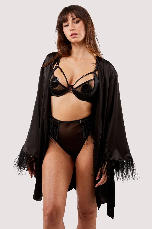 Bra with a push - up insert for extra cleavage on demand Sirus Black Satin And Feather Kimono Bra with a push - up insert for extra cleavage on demand Sirus Black Satin And Feather Kimono