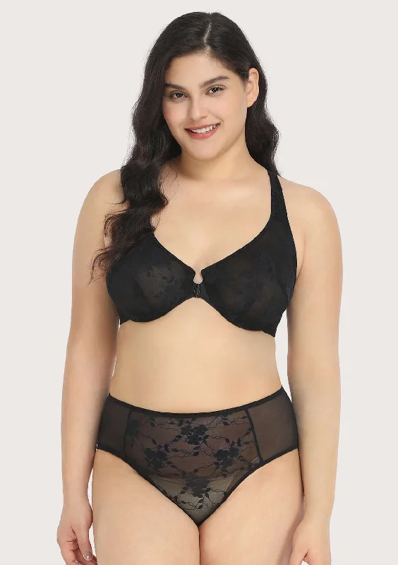 Bra with a low - cut cup for a more revealing style​ Spring Romance Front-Close Floral Black Lace Unlined Bra Set