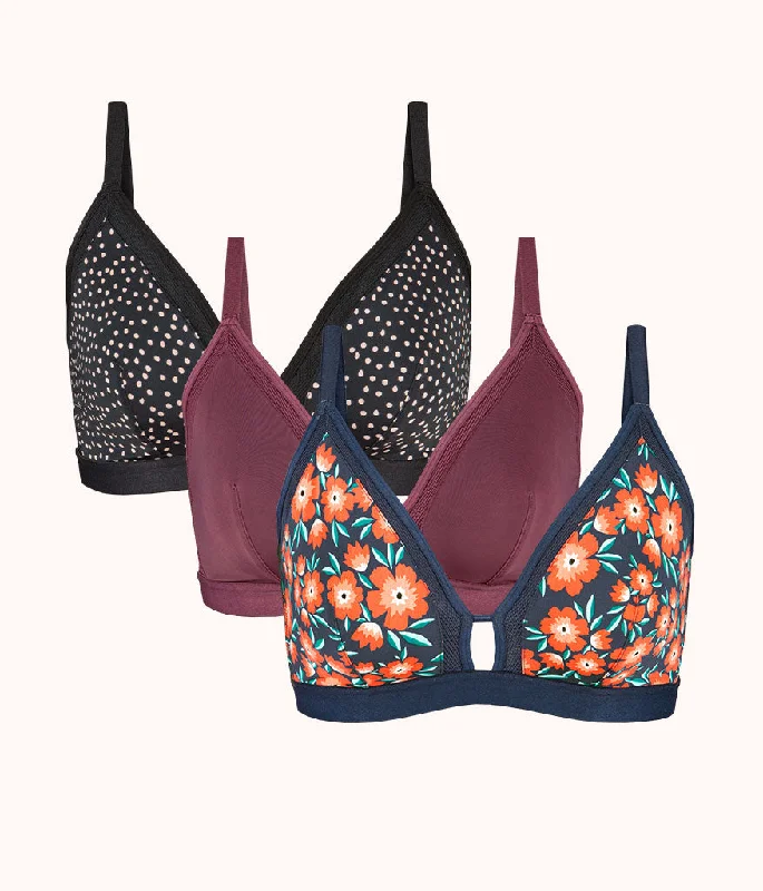 Bra with a low - cut cup for a more revealing style The Busty Bralette Trio - Print: Poppy Floral/Painted Polka/Plum Bra with a low - cut cup for a more revealing style The Busty Bralette Trio - Print: Poppy Floral/Painted Polka/Plum