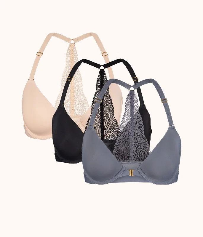 Bra with a lace - trim for an elegant and delicate touch The Front Close T-Shirt Bra Trio: Jet Black/Toasted Almond/Smoke Bra with a lace - trim for an elegant and delicate touch The Front Close T-Shirt Bra Trio: Jet Black/Toasted Almond/Smoke