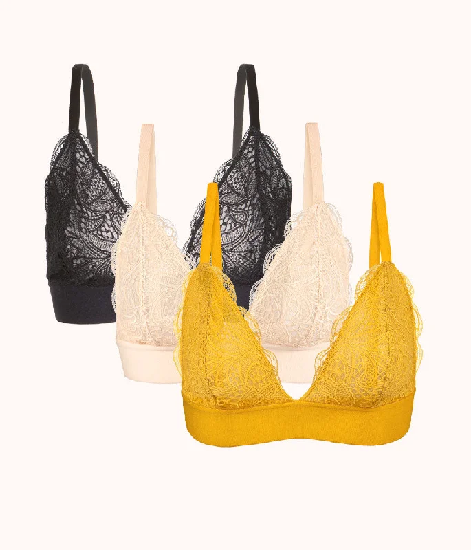 Long - line bras for added support and a slimming effect The Long-Lined Lace Bralette Trio: Turmeric/Toasted Almond/Jet Black Long - line bras for added support and a slimming effect The Long-Lined Lace Bralette Trio: Turmeric/Toasted Almond/Jet Black