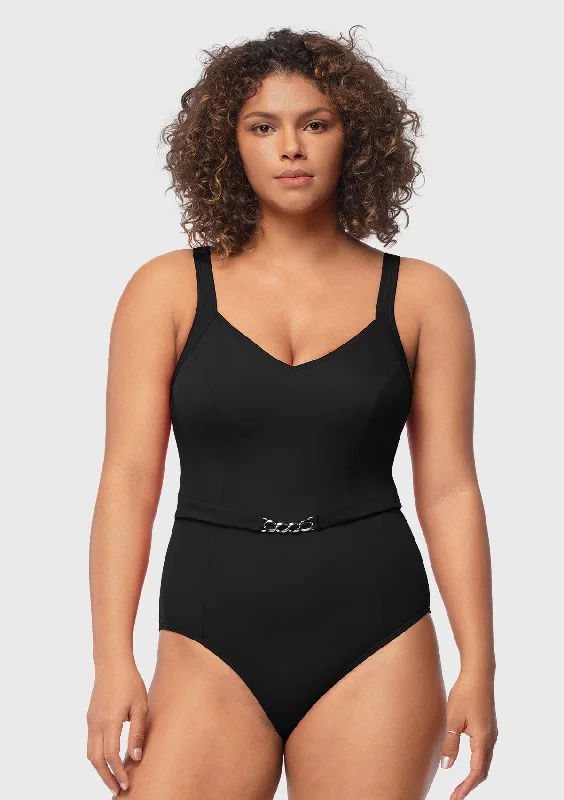 Bra with a plus - size padded strap for reduced shoulder strain Songful V-Neck Chain Trim One-Piece Swimwear Bra with a plus - size padded strap for reduced shoulder strain Songful V-Neck Chain Trim One-Piece Swimwear