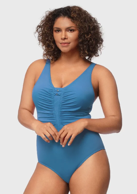 Bra with a plus - size back - closure for a secure fit Songful V-Neck Shirred One-Piece Swimwear Bra with a plus - size back - closure for a secure fit Songful V-Neck Shirred One-Piece Swimwear