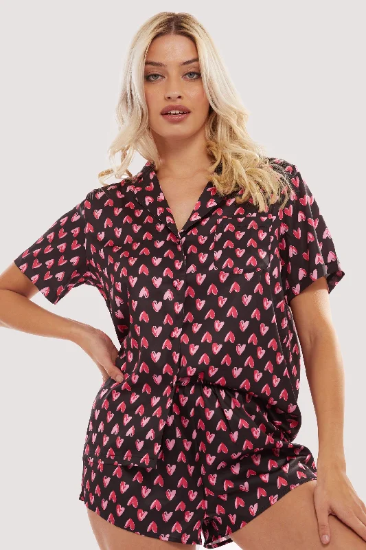 Bra with a non - padded cup for a natural feel​ Heart Print Satin Pyjama Set