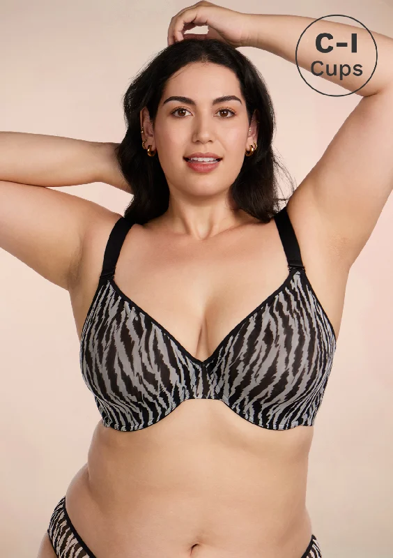 Bra with a polyester - lined cup for durability and moisture - wicking Zebra Wild Black Unlined Underwire Mesh Bra Bra with a polyester - lined cup for durability and moisture - wicking Zebra Wild Black Unlined Underwire Mesh Bra