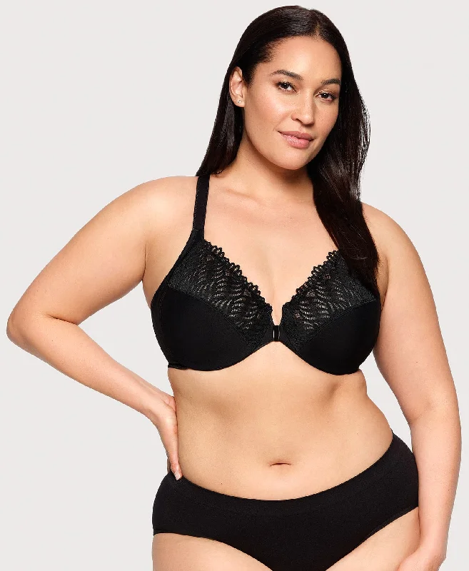 plus size women yoga bra for flexibilityFront-Closure T-Back WonderWire Bra Black