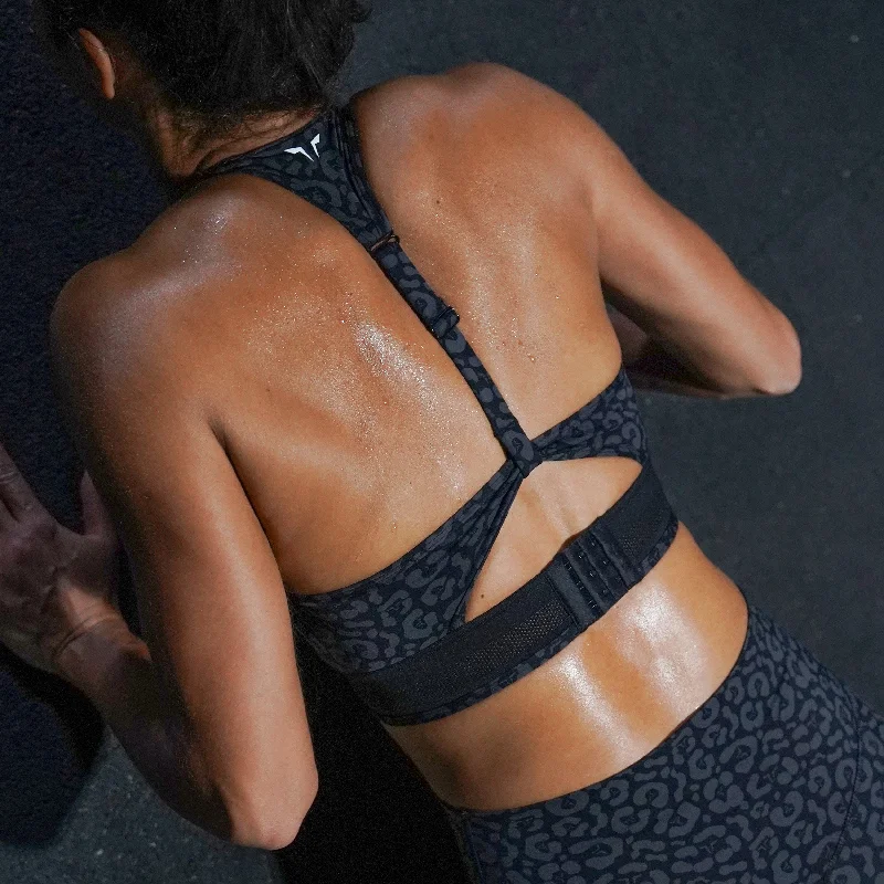 water - resistant women sport bra for water sportsUntamed Zip Up Bra - Black Print
