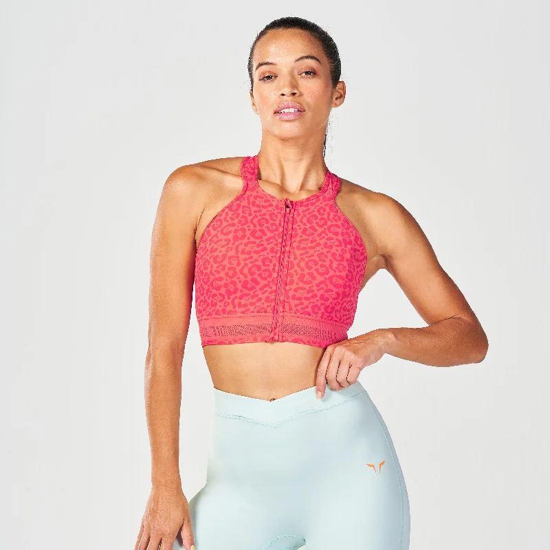 hypoallergenic women sport bra for sensitive skinUntamed Zip Up Bra - Cayenne Print